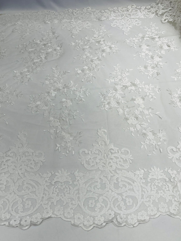 Of White Bridal Lace - By The Yard - Floral Damask Design Embroidered on Mesh Lace Fabric