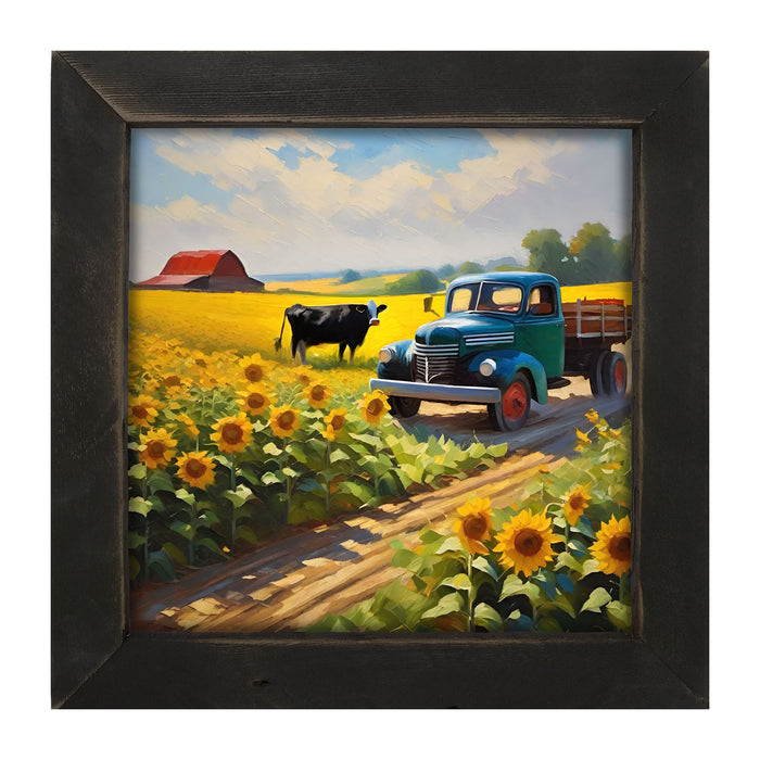 Old truck with black cow - Framed art
