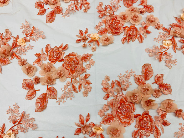 Orange 3D Floral Design Embroider and Beaded With Pearls On a Mesh Lace-Prom-Dresses By The Yard