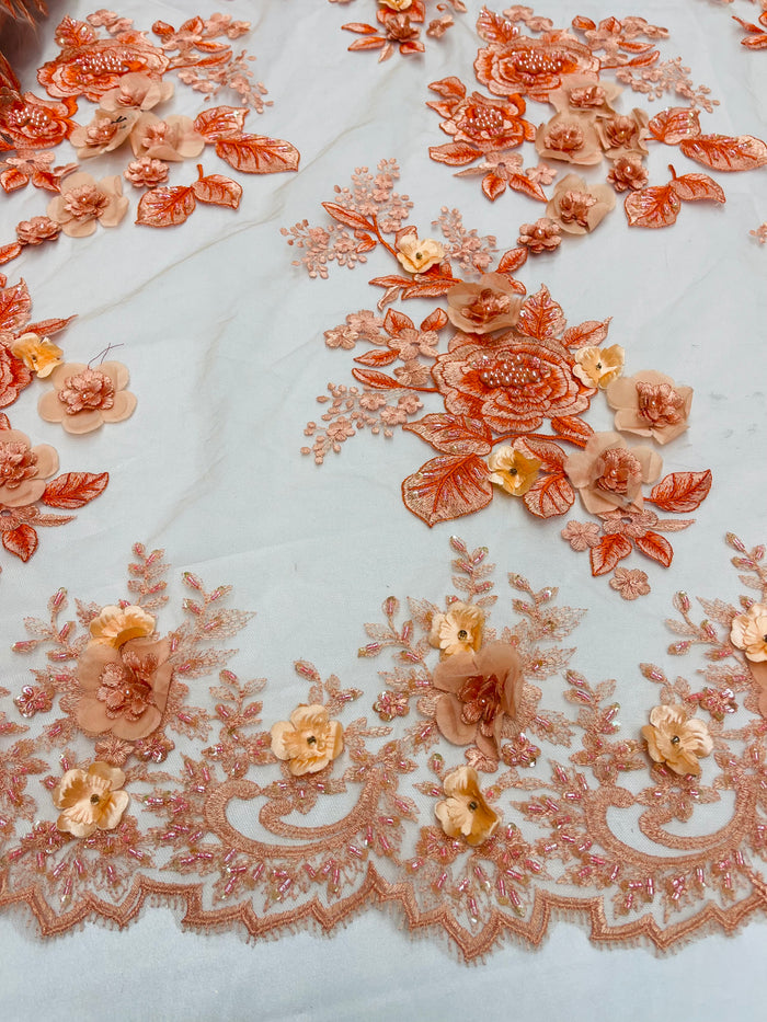 Orange 3D Floral Design Embroider and Beaded With Pearls On a Mesh Lace-Prom-Dresses By The Yard