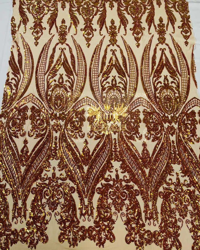 Orange Iridescent Sequin Fabric on Nude Mesh 4 Way Stretch Sequins Fabric Sold By The Yard
