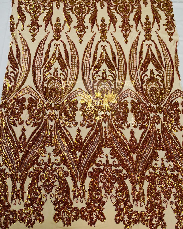 Orange Iridescent Sequin Fabric on Nude Mesh 4 Way Stretch Sequins Fabric Sold By The Yard
