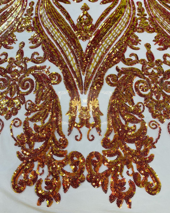 Orange Iridescent Sequin Fabric on Nude Mesh 4 Way Stretch Sequins Fabric Sold By The Yard