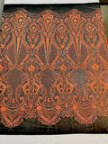 Orange Sequin Fabric on Black Mesh By The Yard Damask Design 4 Way Stretch Lace Sequin