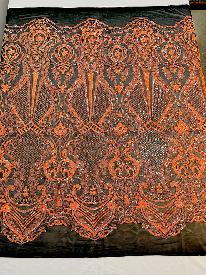 Orange Sequin Fabric on Black Mesh By The Yard Damask Design 4 Way Stretch Lace Sequin