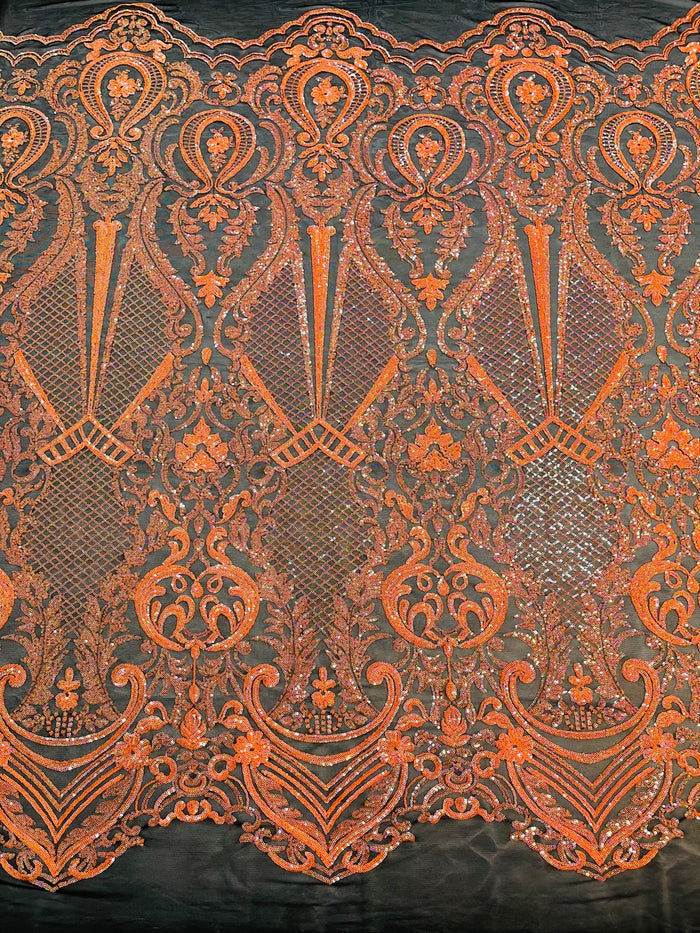 Orange Sequin Fabric on Black Mesh By The Yard Damask Design 4 Way Stretch Lace Sequin