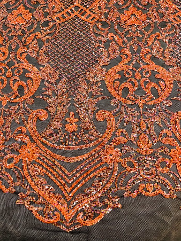Orange Sequin Fabric on Black Mesh By The Yard Damask Design 4 Way Stretch Lace Sequin