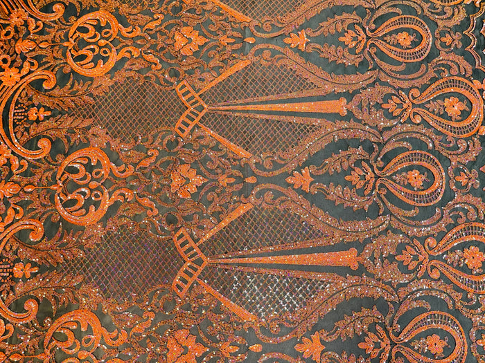 Orange Sequin Fabric on Black Mesh By The Yard Damask Design 4 Way Stretch Lace Sequin