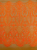 Orange Sequin Fabric on Dark Nude Mesh By The Yard Damask Design 4 Way Stretch Lace Sequin