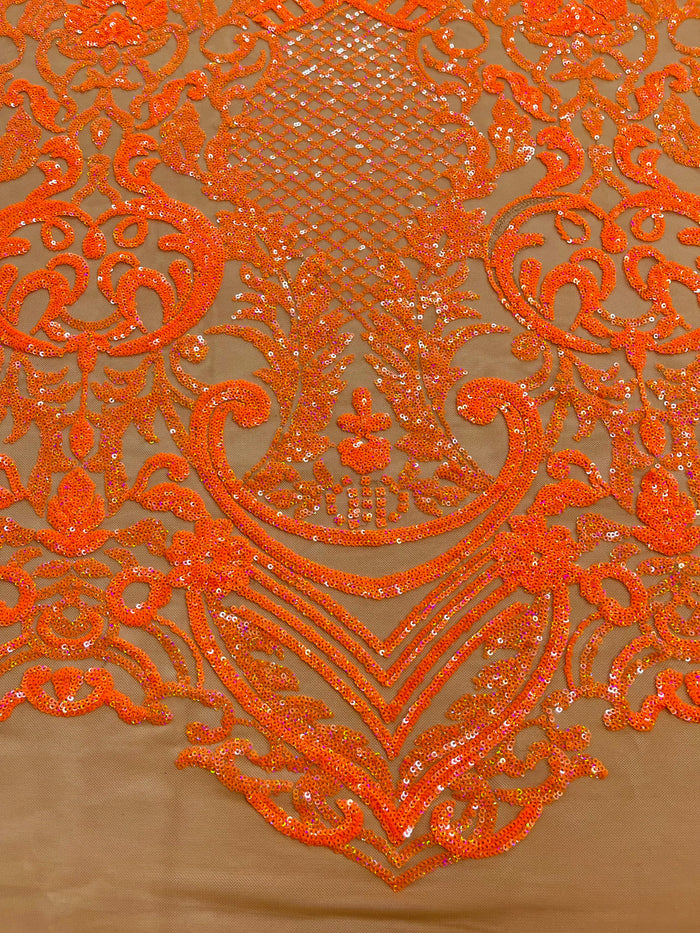 Orange Sequin Fabric on Dark Nude Mesh By The Yard Damask Design 4 Way Stretch Lace Sequin