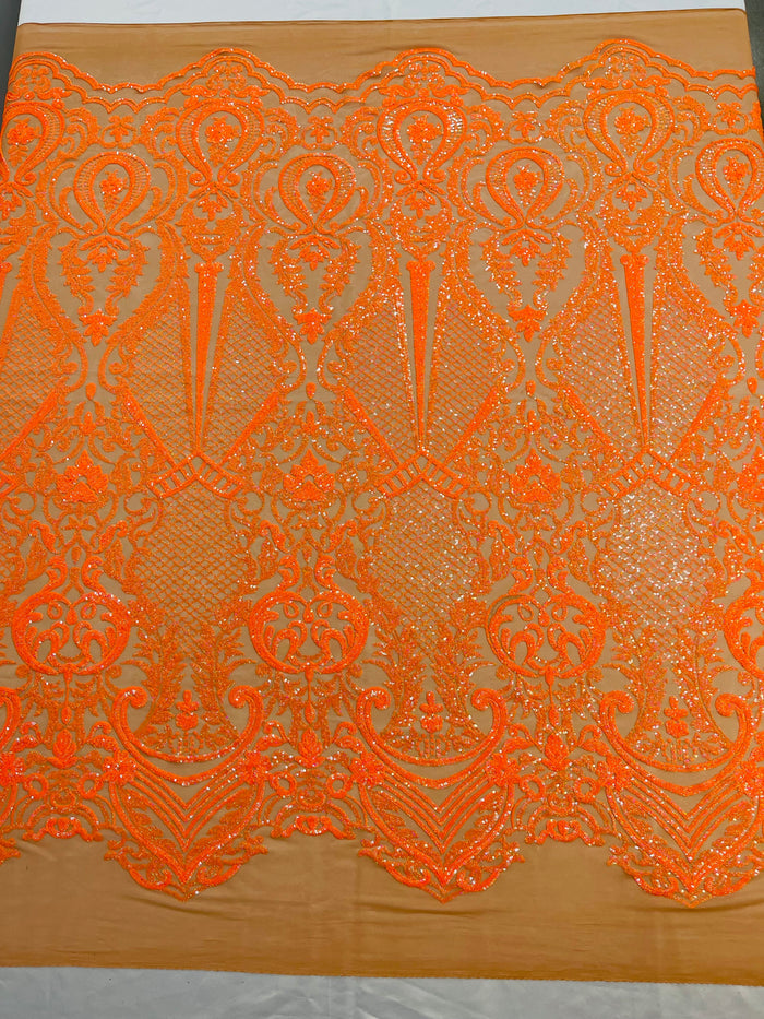Orange Sequin Fabric on Dark Nude Mesh By The Yard Damask Design 4 Way Stretch Lace Sequin