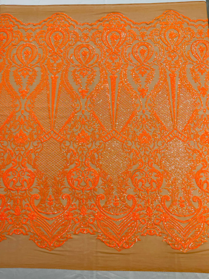 Orange Sequin Fabric on Dark Nude Mesh By The Yard Damask Design 4 Way Stretch Lace Sequin