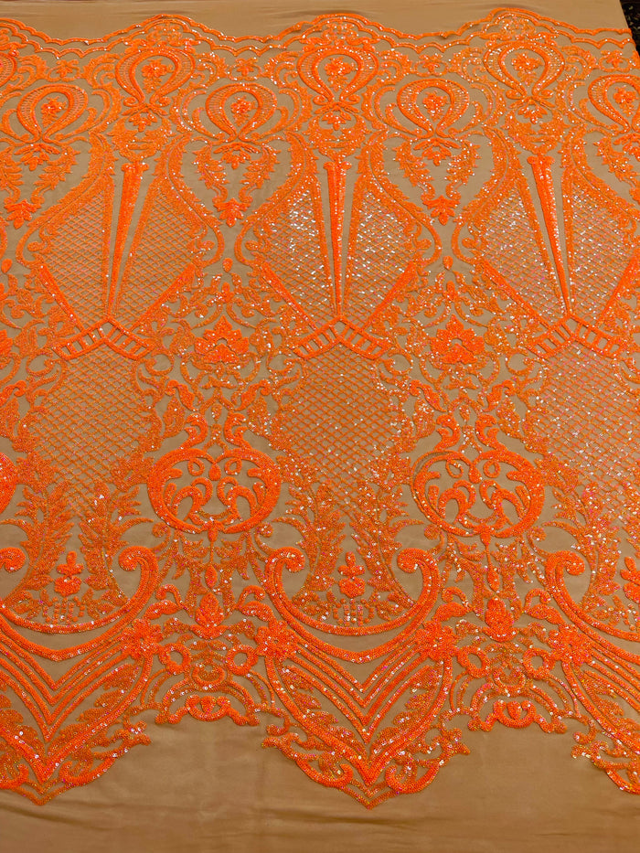 Orange Sequin Fabric on Dark Nude Mesh By The Yard Damask Design 4 Way Stretch Lace Sequin