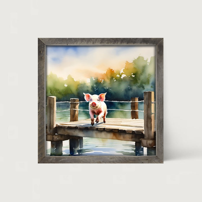 Pig jumping into lake - Framed art