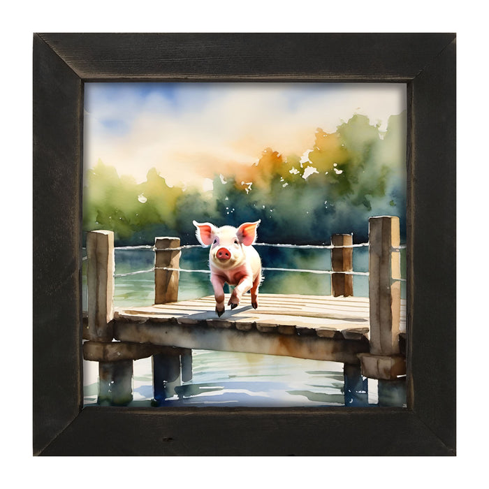 Pig jumping into lake - Framed art