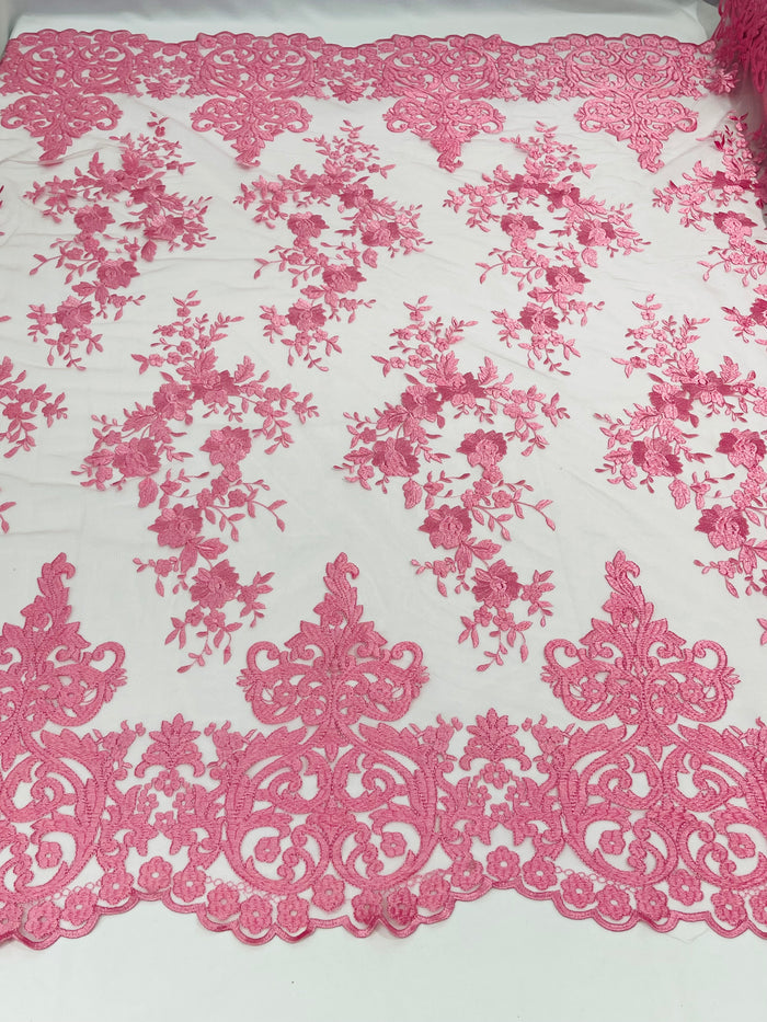 Pink Bridal Lace - By The Yard - Floral Damask Design Embroidered on Mesh Lace Fabric