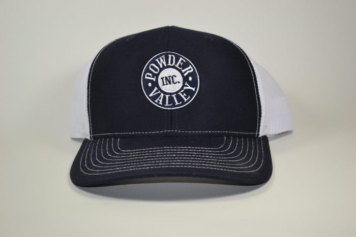 Powder Valley Hat Navy Blue Trucker Hat White Stitching