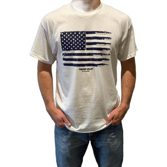 Powder Valley Outdoors Navy Flag T-Shirt White Cotton/Poly Blend