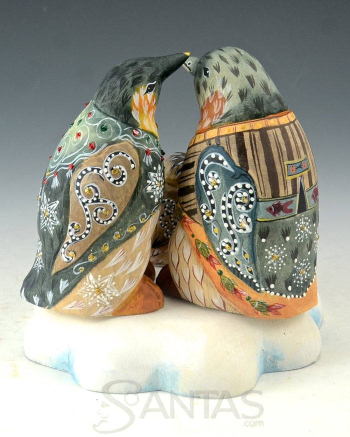 Precious Penguin Family Snowy Christmas Wood Carving
