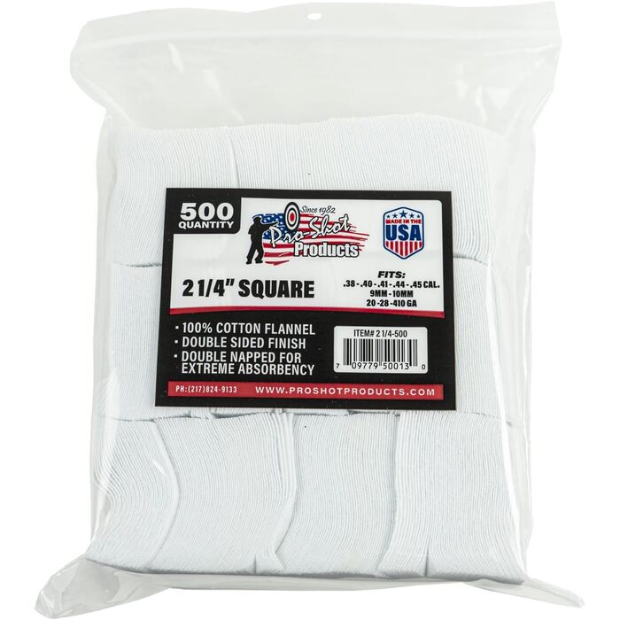 Pro-Shot Cotton Flannel Cleaning Patches 38 - 45 Caliber;20 Gauge - 410 Bore 4" Pack of 500