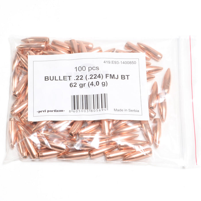 Prvi .224 / 22 62 Grain Full Metal Jacket Boat Tail (100)