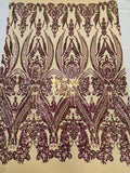 Purple Iridescent Sequin Fabric on Nude Mesh 4 Way Stretch Sequins Fabric Sold By The Yard