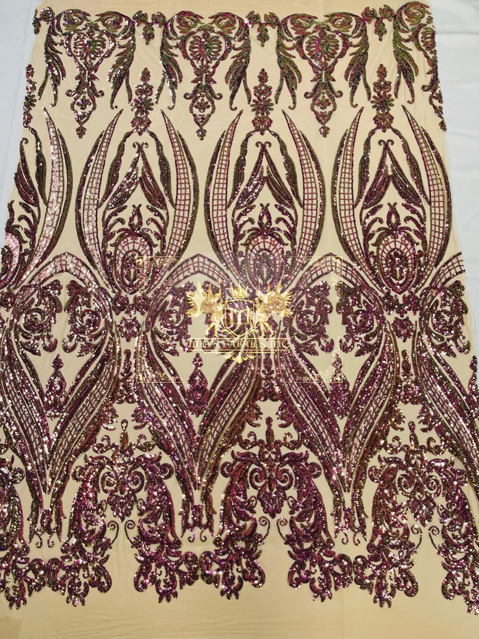 Purple Iridescent Sequin Fabric on Nude Mesh 4 Way Stretch Sequins Fabric Sold By The Yard