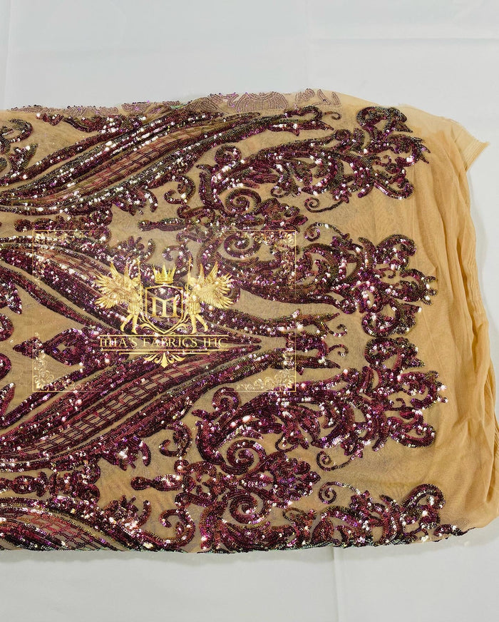 Purple Iridescent Sequin Fabric on Nude Mesh 4 Way Stretch Sequins Fabric Sold By The Yard