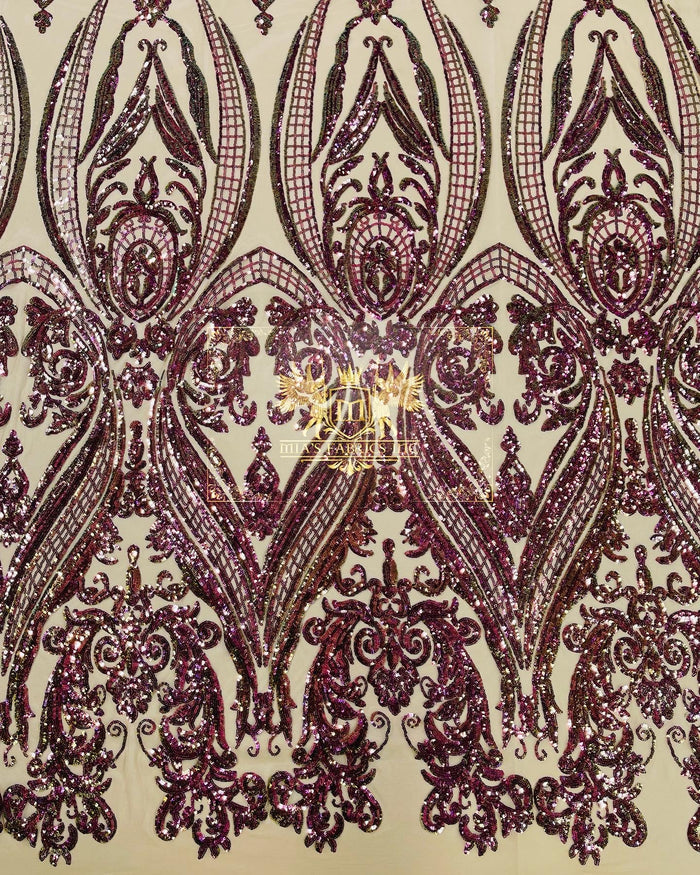 Purple Iridescent Sequin Fabric on Nude Mesh 4 Way Stretch Sequins Fabric Sold By The Yard