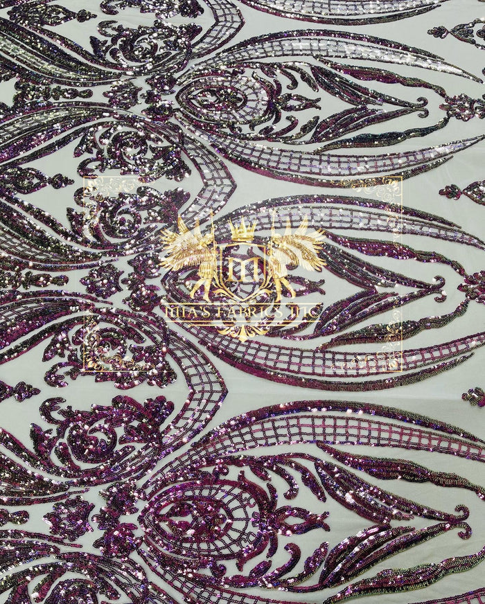 Purple Iridescent Sequin Fabric on Nude Mesh 4 Way Stretch Sequins Fabric Sold By The Yard