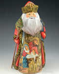 Red and Gold Decorated Russian Santa with Nativity