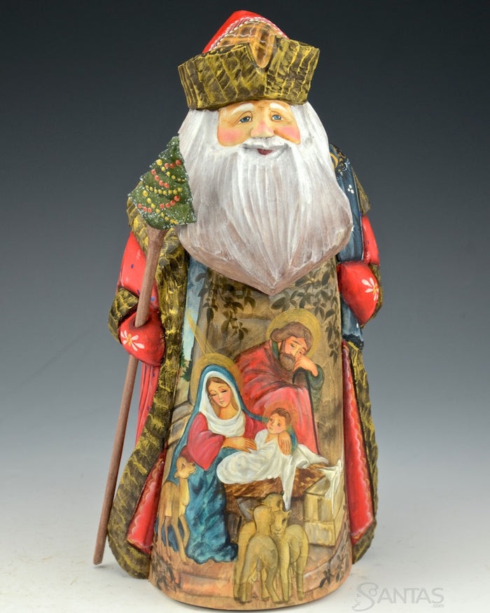 Red and Gold Decorated Russian Santa with Nativity