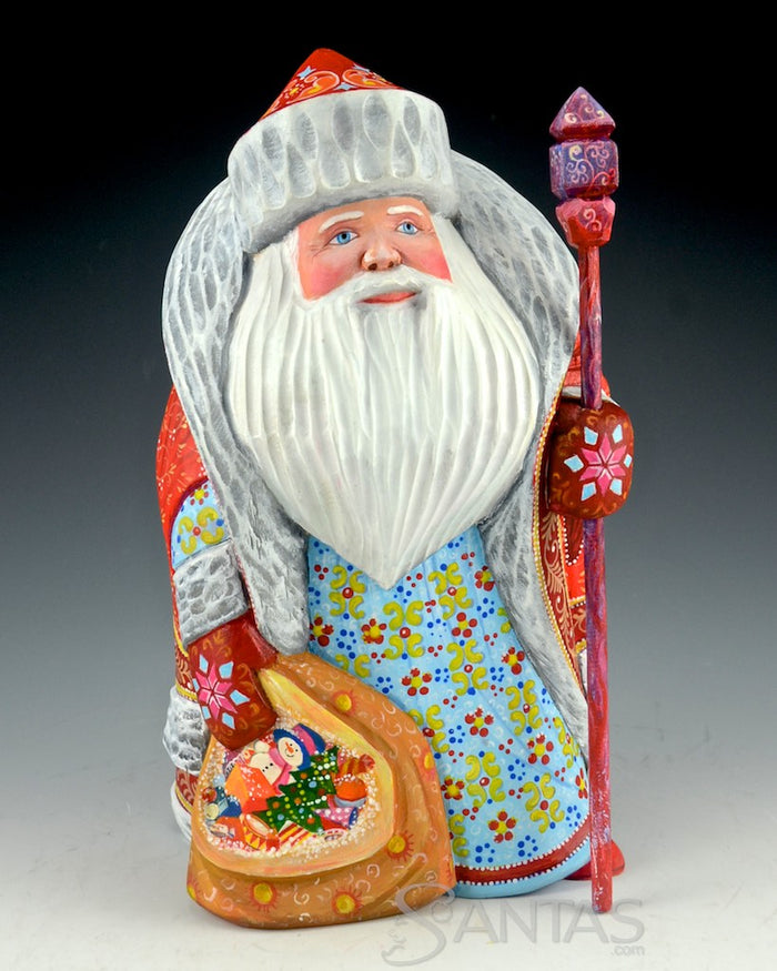 Red Russian Santa with Toy Bag and Winter Scene