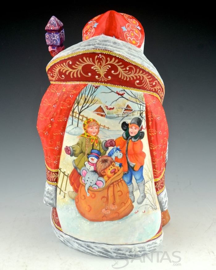 Red Russian Santa with Toy Bag and Winter Scene