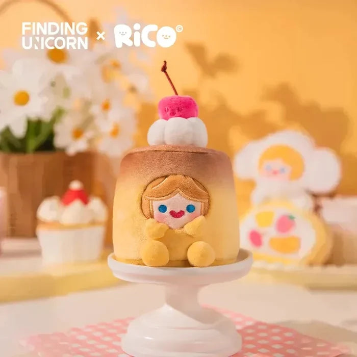 RiCO - Everywhere CELL RiCO with ME - HAPPY SWEETS PLUSH SERIES: Smiling pudding plush with whipped topping and cherry, featuring Finding Unicorn × Rico collaboration logo.