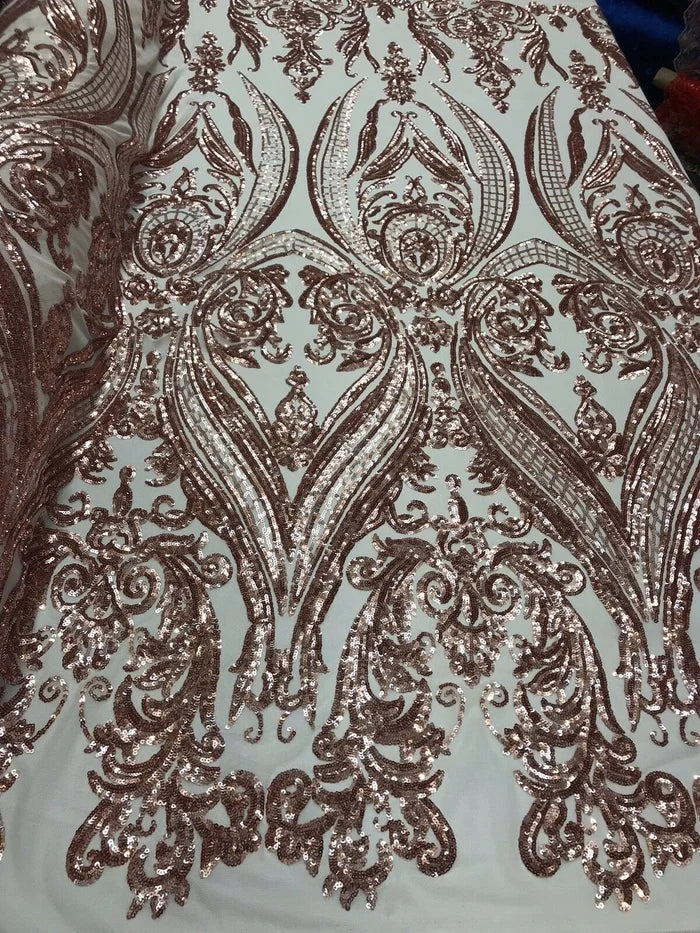 Rose Gold Sequins Fabric on Mesh, Damask Design 4 Way Stretch Sequin Fabric Sold By The Yard