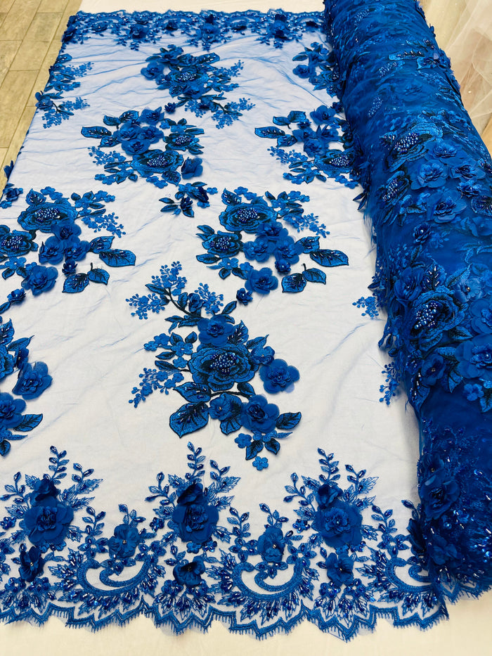 Royal Blue 3D Floral Design Embroider and Beaded With Pearls On a Mesh Lace-Prom-Dresses By The Yard