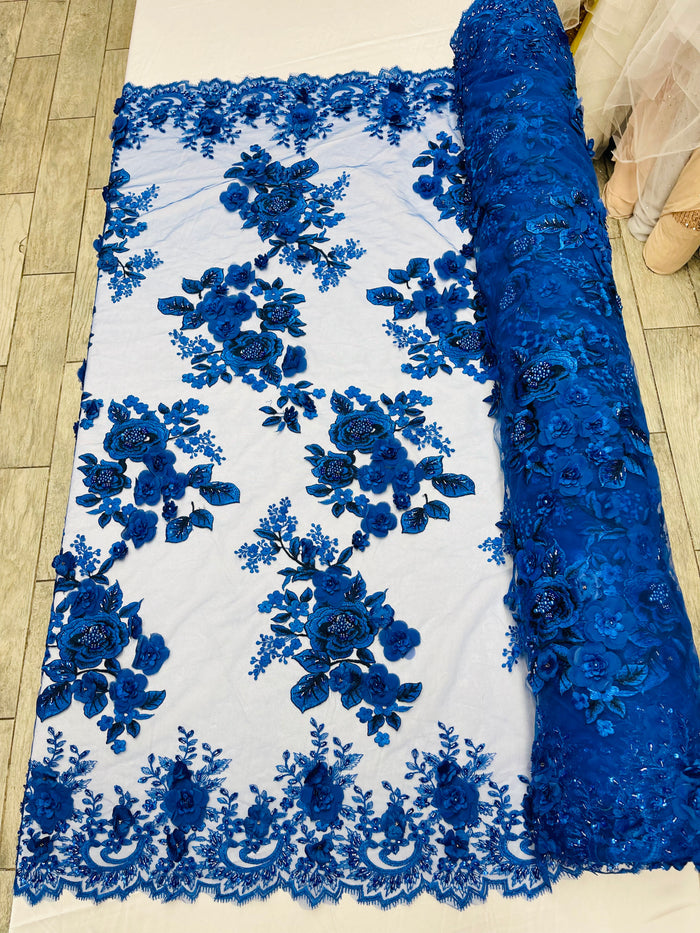 Royal Blue 3D Floral Design Embroider and Beaded With Pearls On a Mesh Lace-Prom-Dresses By The Yard