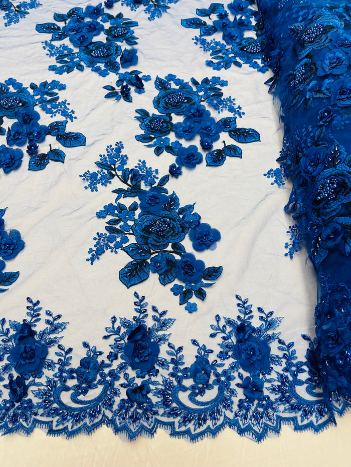Royal Blue 3D Floral Design Embroider and Beaded With Pearls On a Mesh Lace-Prom-Dresses By The Yard