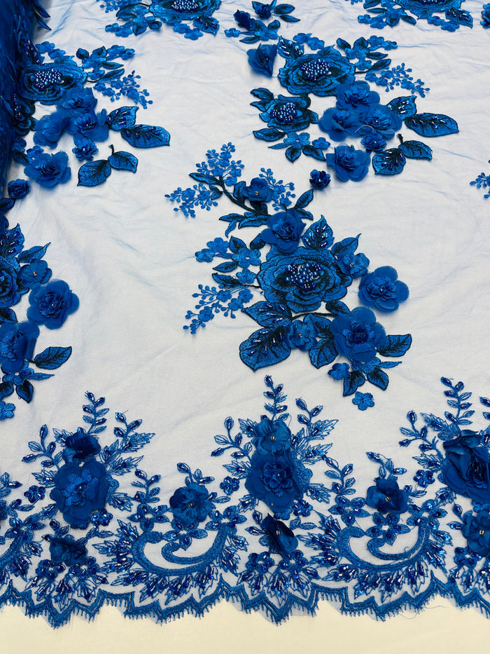 Royal Blue 3D Floral Design Embroider and Beaded With Pearls On a Mesh Lace-Prom-Dresses By The Yard