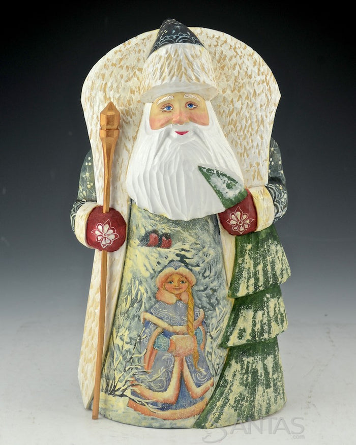 Russian Santa Carving with Tree and Snowmaiden Scene