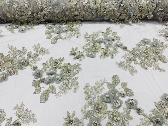 Silver 3D Floral Design Embroider and Beaded With Pearls On a Mesh Lace-Prom-Dresses By The Yard