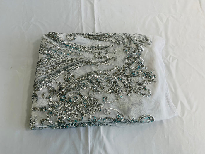 Silver Sequins Fabric on White Mesh, Damask Design 4 Way Stretch Sequin Fabric Sold By The Yard