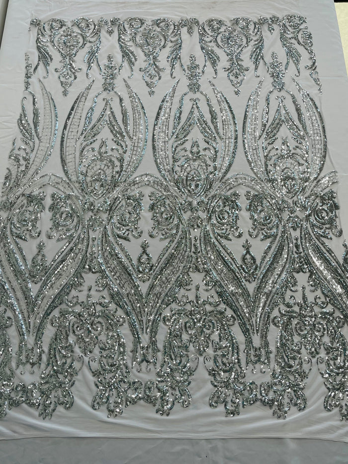 Silver Sequins Fabric on White Mesh, Damask Design 4 Way Stretch Sequin Fabric Sold By The Yard