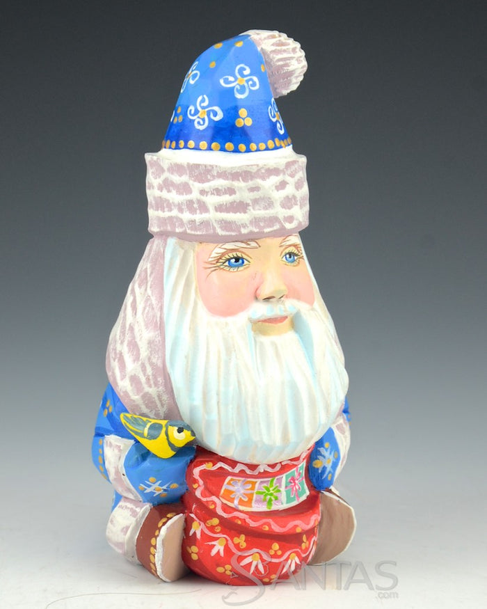 Sitting Blue Russian Santa with Bird and Toybag