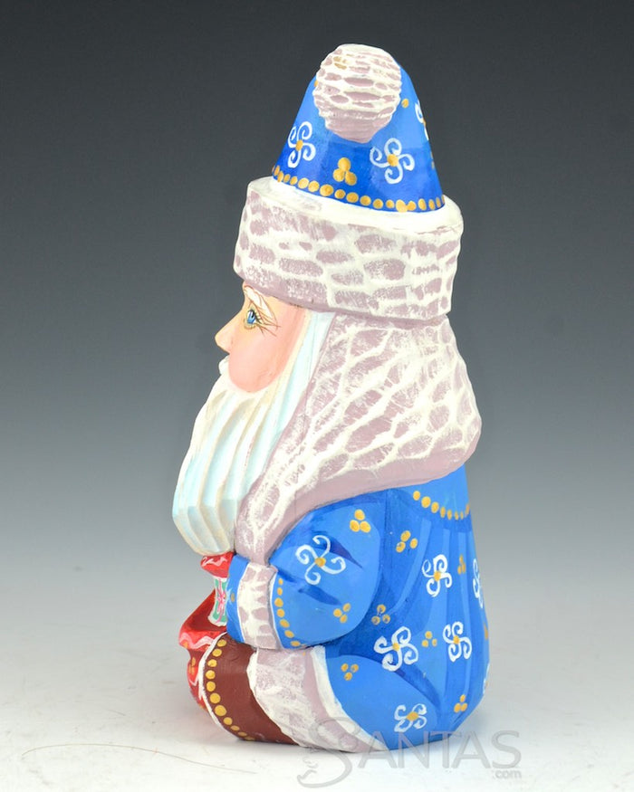 Sitting Blue Russian Santa with Bird and Toybag