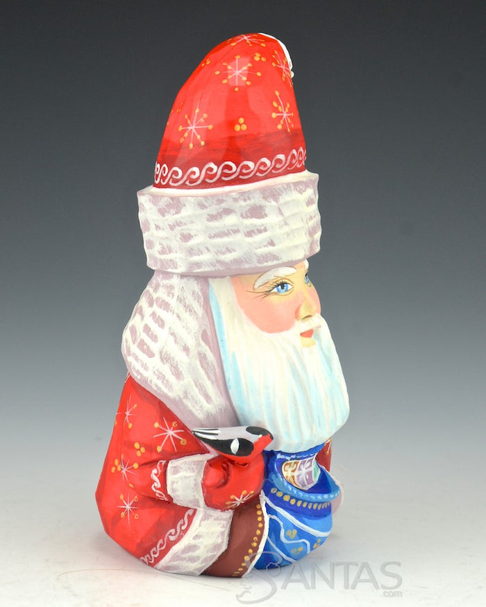 Sitting Red Russian Santa with Bird and Toybag