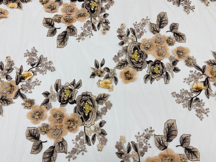 Skin/Brown 3D Floral Design Embroider and Beaded With Pearls On a Mesh Lace-Prom-Dresses By The Yard