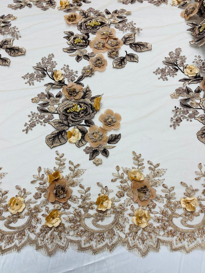 Skin/Brown 3D Floral Design Embroider and Beaded With Pearls On a Mesh Lace-Prom-Dresses By The Yard