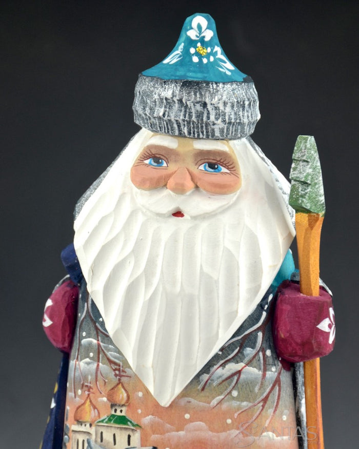 Small Blue russian Santa with Winter Scene